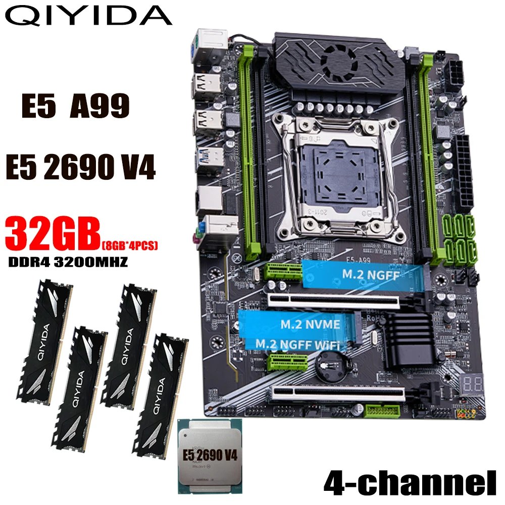QIYIDA X99 motherboard set kit xeon LGA2011-3 E5 2690 V4 DDR4 32GB（4*8gb）3200MHz 4 channels SATA 3.0 nvme M.2 ATX