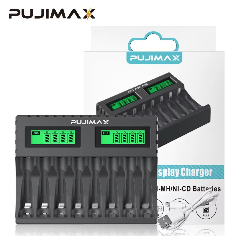 PUJIMAX 8-slot Battery Charger Suitable AAA/AA Rechargeable Battery Short Circuit Protection LED Display Ni-MH/Ni-Cd USB Charger