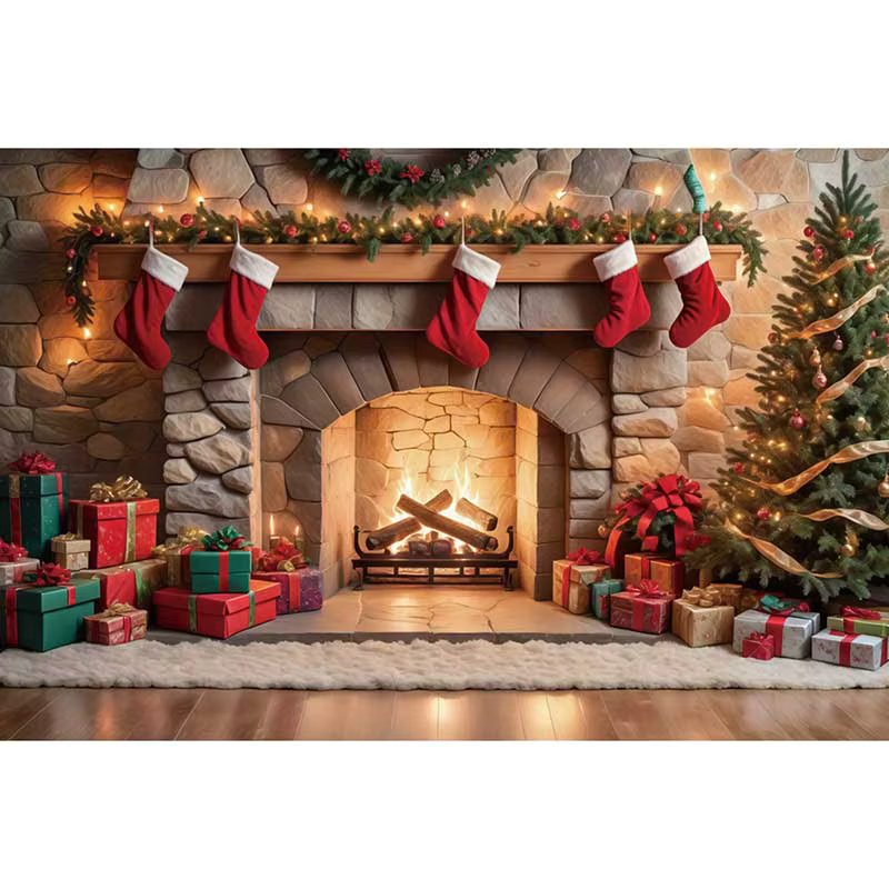 MOON.QG Christmas Brick Fireplace Photography Backdrop Happy New Year Photo Background Professional Studio Photobooth Supplies