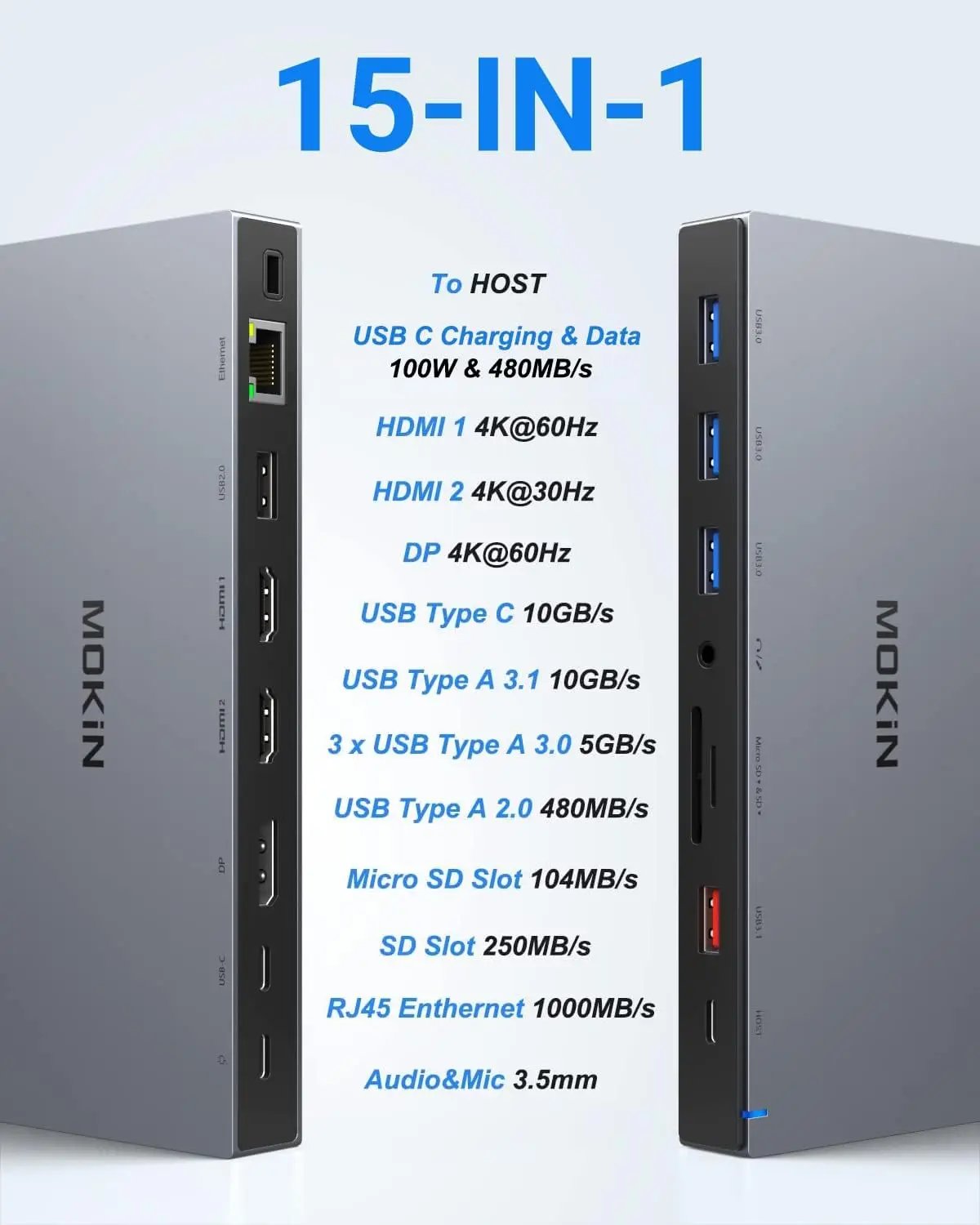 MOKiN Laptop Docking Stations, USB C Dock, Display Adaptor with 4K HDMI, DP, RJ45, SD/TF, 5 USB,Audio, PD 100W, for MacBook iPad