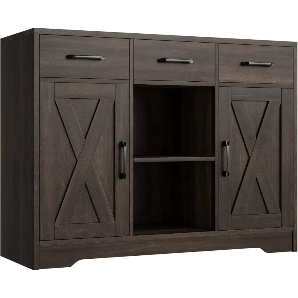 Storage  with Barn Doors Sideboard with Drawers and Shelves, Wood Coffee Bar Cabinet for Kitchen, Dining Room, Living Room