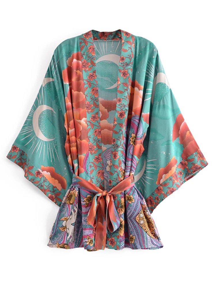 Boho Vintage Star and Moon Floral Print Sashes Women Bohemian V Neck Batwing Sleeves Happie Short Robe Kimono Dress Cover-ups