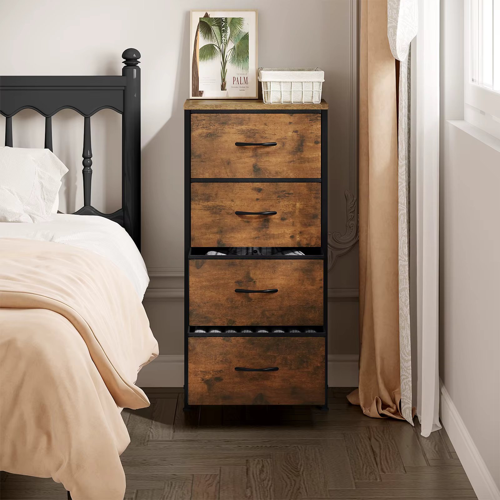 Cabinet Narrow Chest of Drawers with 4 Drawers Fabric Sideboard Storage for Home Bedroom  Hallway Living Room Organizer