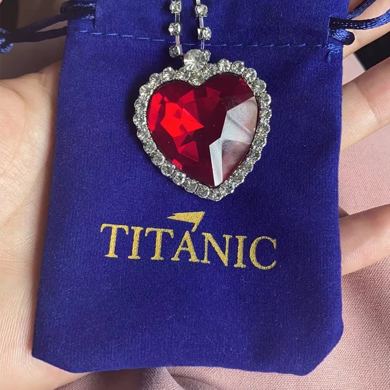 Ocean Heart Titanic Blue Pendant Necklace+Velvet Bag New Fashionable Sparkling Full Diamond Eternal Love Red Sweater Chain