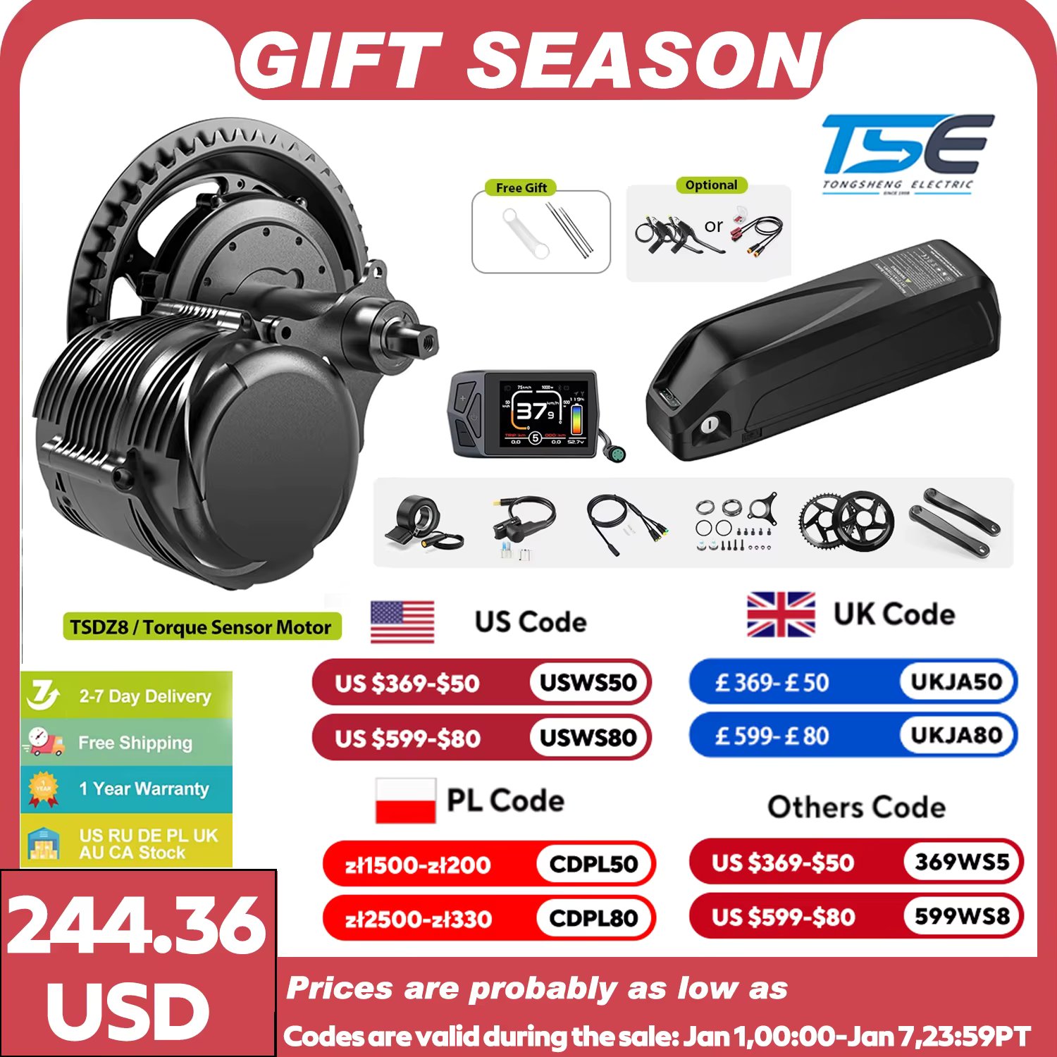 Tongsheng TSDZ8 TSDZ2B Ebike Kit 36V 250W 48V 500W 750W Electric Bicycle Central Mid Motor With Torque Sensor 13Ah 20Ah Battery