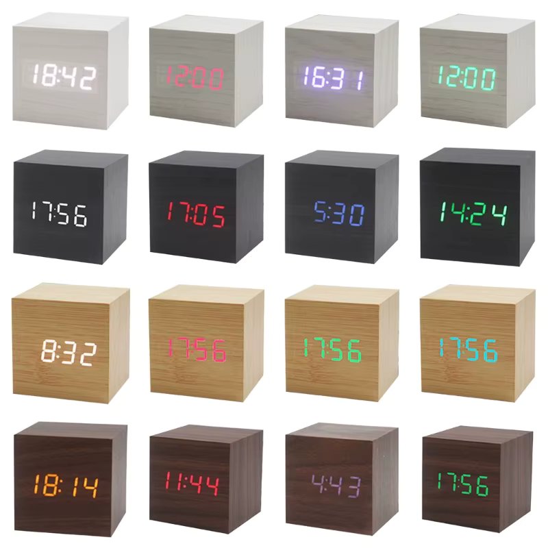 Wood Cube Voice Control Alarm Clock School Office Bedroom Table Decoration Drop Ship