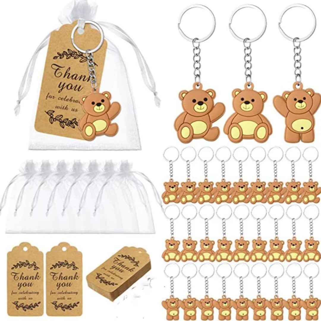 10/20pcs Baby Shower Souvenirs Gift Bear Keychain with Organza Bag Thank You Kraft Tag for Guests Girl Boy Birthday Party Supply
