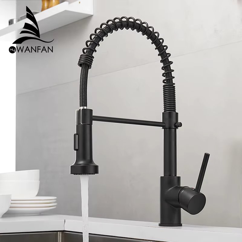 Kitchen Faucets Black Brass Faucets for Kitchen Sink  Single Lever Pull Down Spring Spout Mixers Tap Hot Cold Water Crane 9009