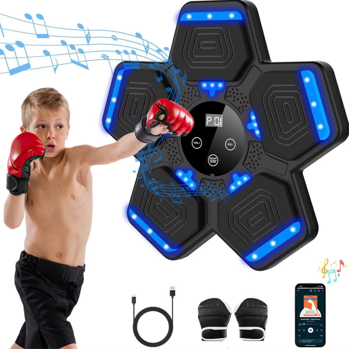 2024 Smart Bluetooth Music Boxing Machine with Gloves – Wall-Mounted LED Punching Target for Home Workouts