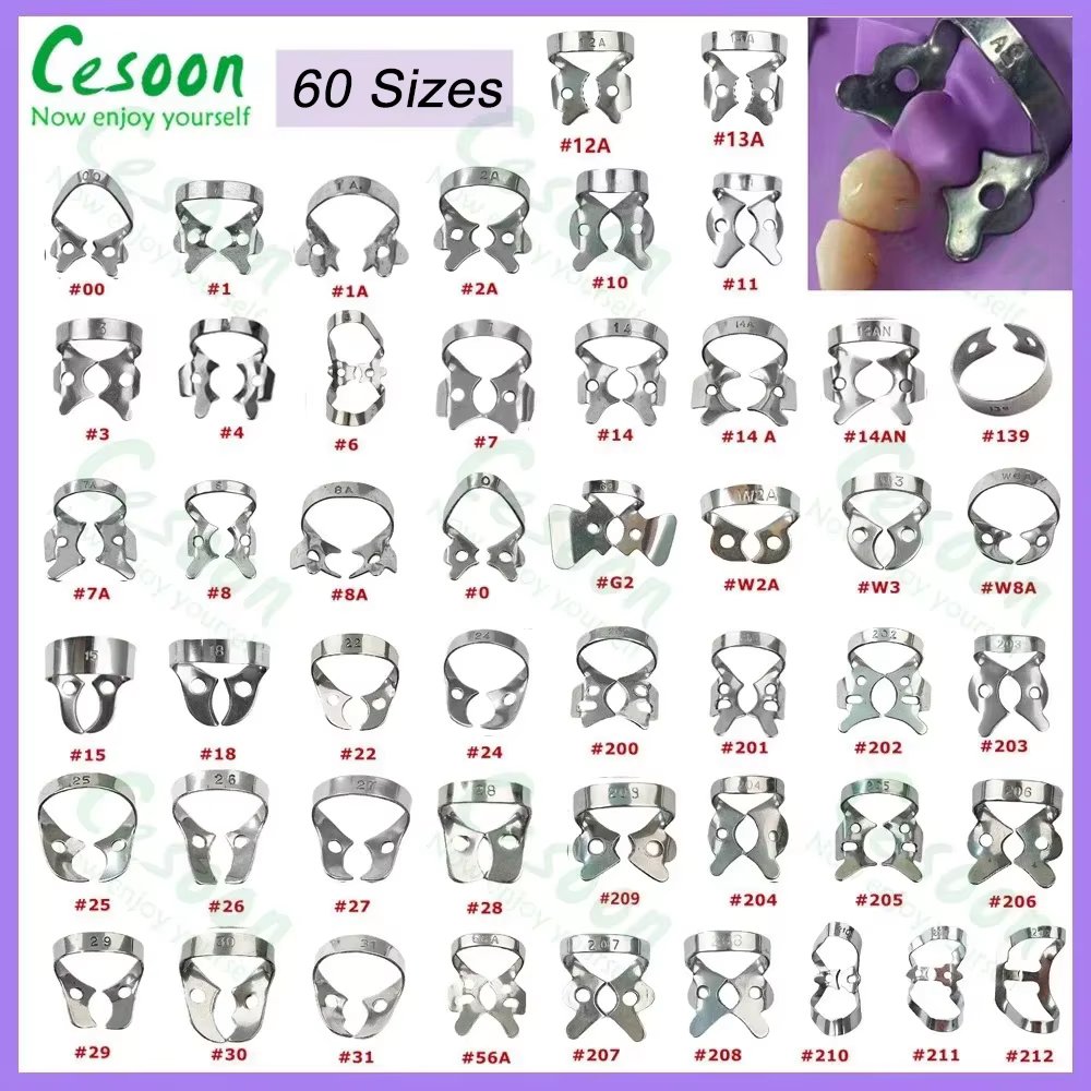 60Sizes Dental Rubber Dam Clamps Endodontic Restorative Barrier Clips Frame Holder Molar Teeth Stainless Steel Oral Materials