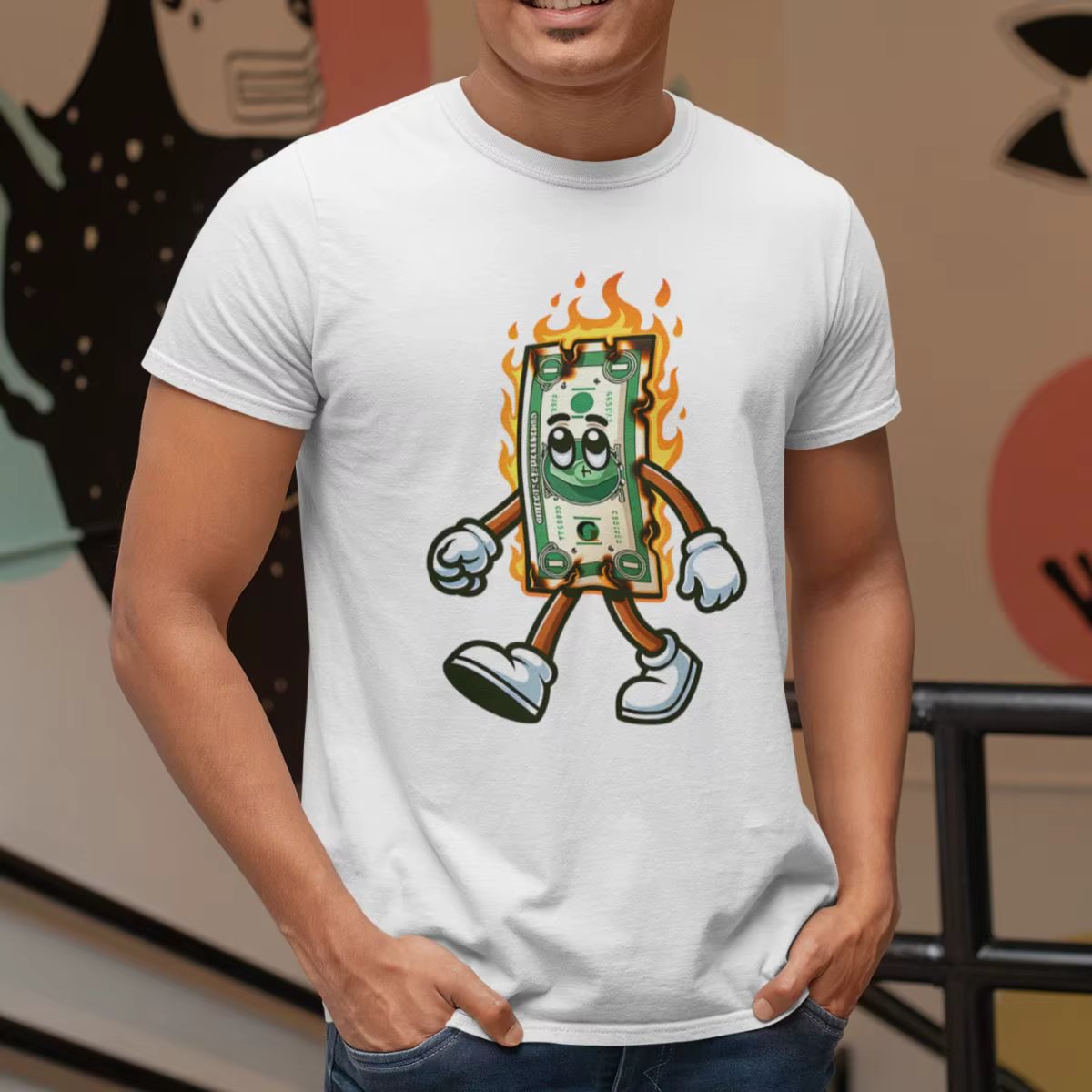 Basic Men's T-Shirt GuGi Burning Money In Flames Catching Fire 100% Cotton Premium CM01-510