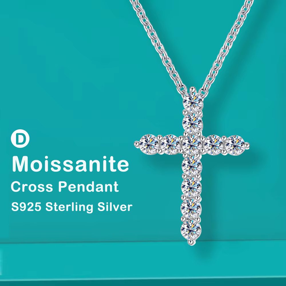 Full Moissanite Cross Pendant Necklace Original 925 Sterling Sliver Chain Plated 18k White Gold Fine Necklace for Women Jewelry