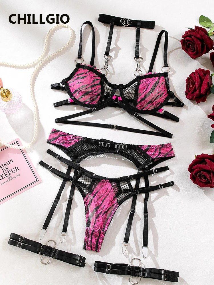 CHILLGIO Women Print Mesh Bra Brief Suits Fashion Sheer Erotic Intimate Lingerie Casual Ins Vintage Sexy Push Up Underwear Sets