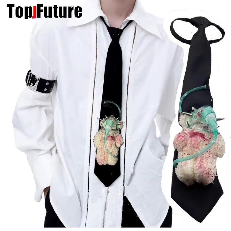 customized Women Men Gothic Punk Pre-Tied Y2K Girl Boys Tie  steampunk Rock Sick bear custom-made Necktie Accessories Wholesale