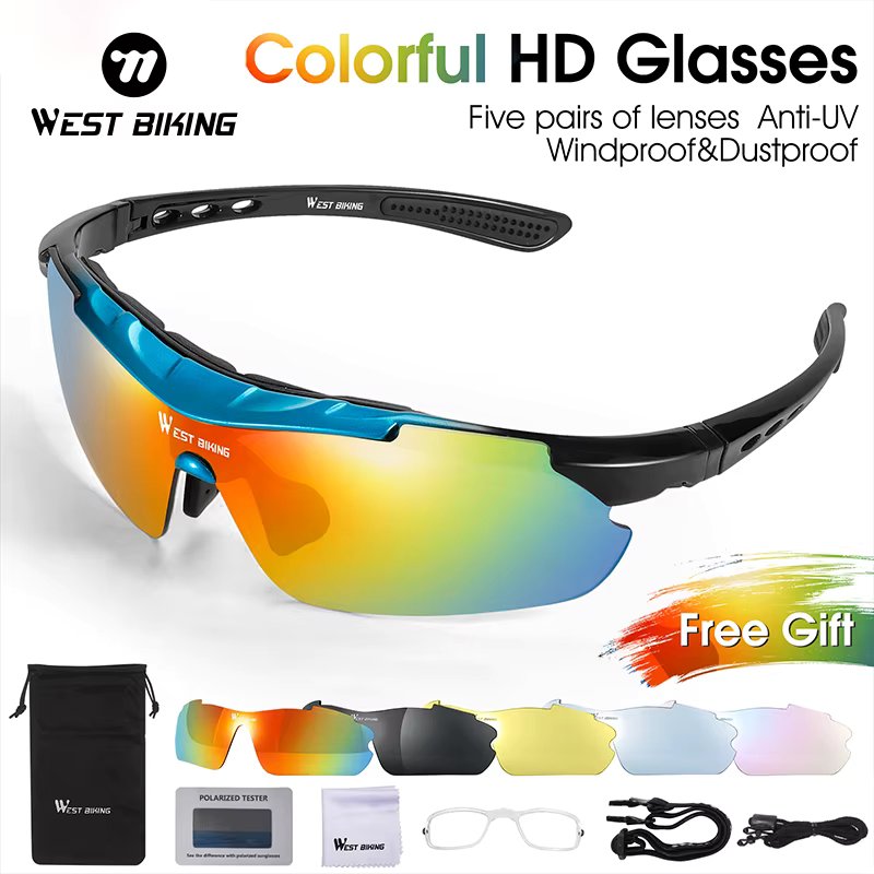WEST BIKING Cycling Glasses Polarized Glasses 5 lens Outdoor Bicycle Sunglasses MTB Road Bike Ciclismo Men Women Cycling Eyewear