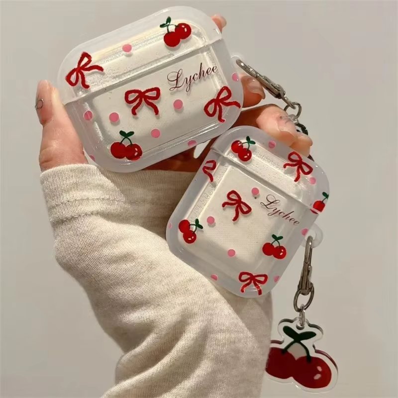 Korean Cute Bow Cherry Earphone Case For Apple Airpods Pro 2 3 4 Cover with Charm Silicone Headphone Charging Cases For Airpods