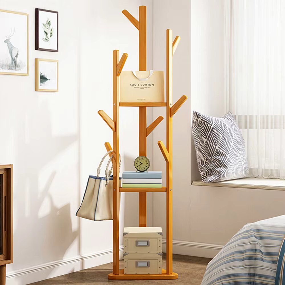 Bamboo Corner Tree Coat Rack Stand  Clothes Hanger with Hooks and Shelves