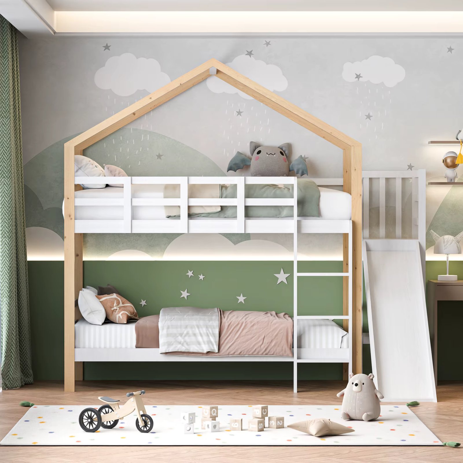 Children's Bunk Bed, Tree House Bed, with Ladder & Slide, White Solid Wood Bed, with Slatted Frame and Fall Protection, 90x200cm