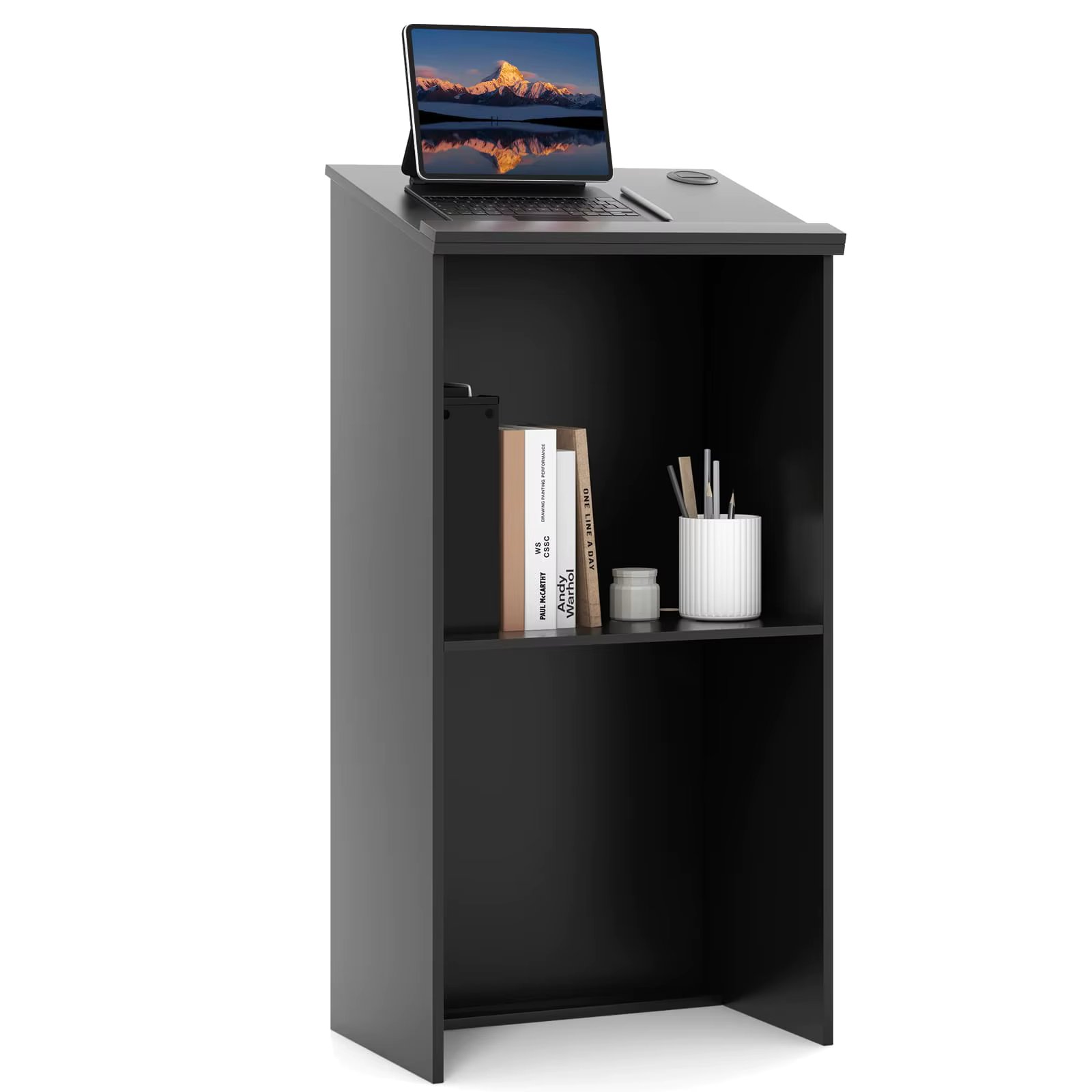 GOFLAME Podium Stand 117 CM Hostess Stand for Speakers w/Storage Shelf-Black