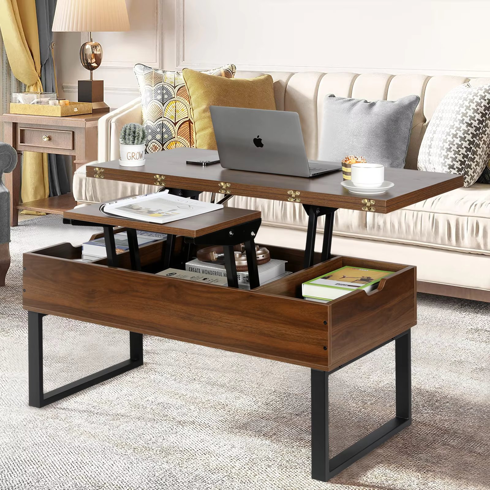 VOWNER Lift Top Coffee Table, 3 in 1 Multi-Function with Hidden Compartment for Living Room,  Dining Table for Reception