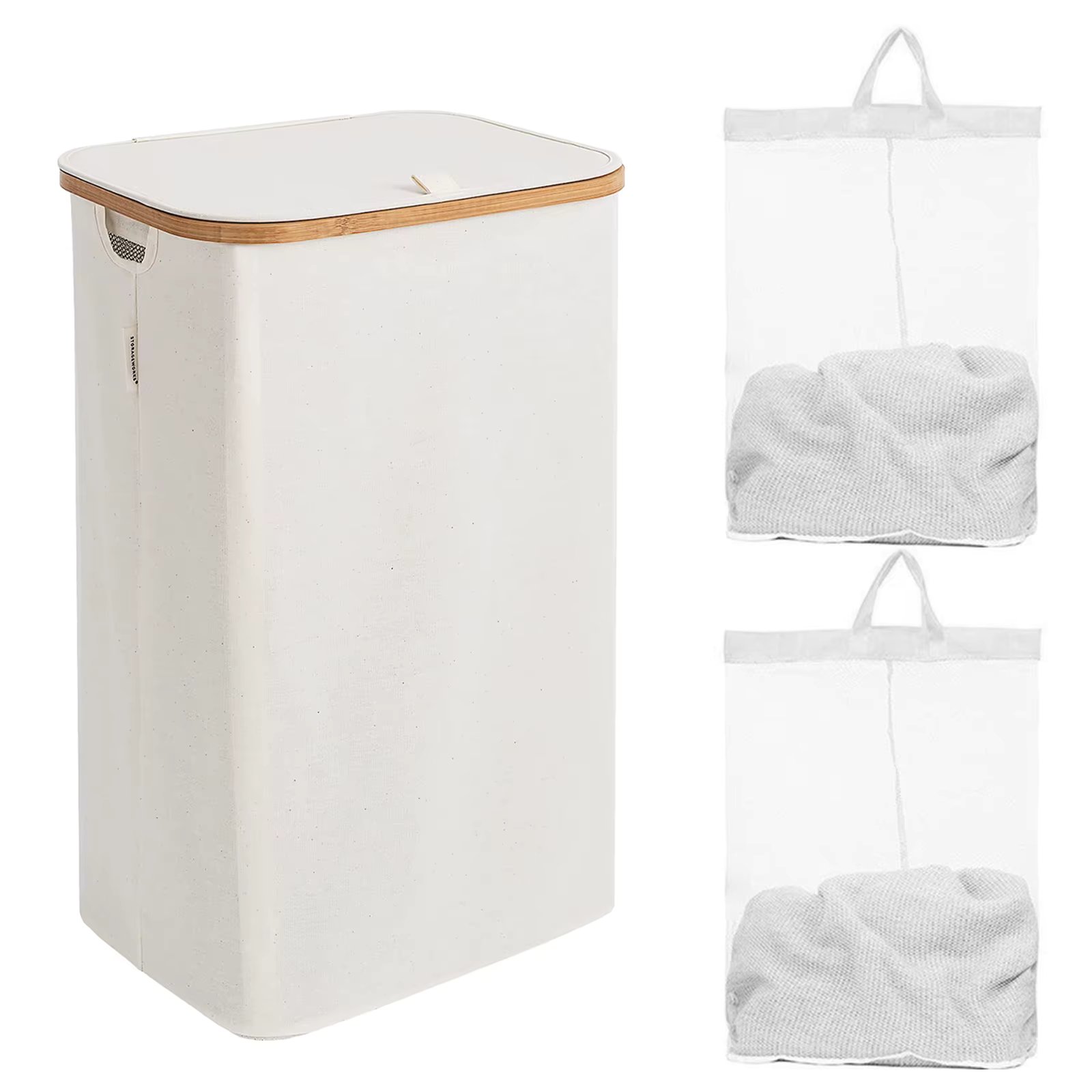100L Large Laundry Hamper with Lid,with Bamboo Handles and 2 Removable Inner Bag,Collapsible Laundry Hamper for Clothes,Towels