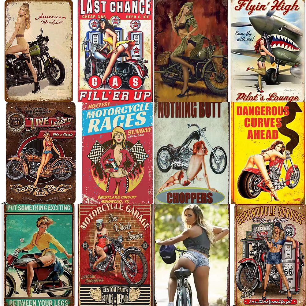 Motorcycle Pin Up Girl Garage Shop Funny Tin Sign Family Bar Restaurant Cafe Wall Decoration Bathroom Wall Poster Retro