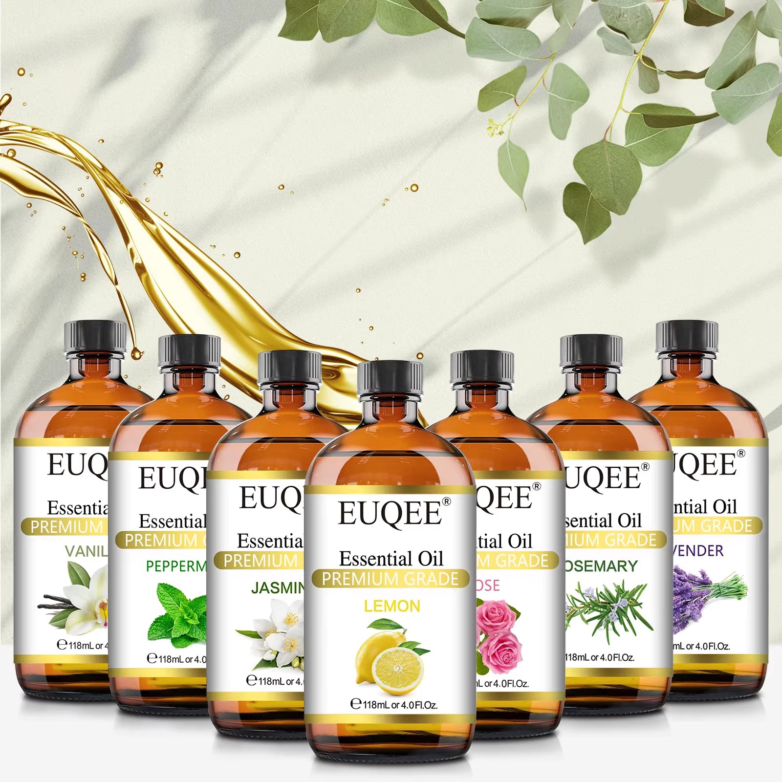 EUQEE 118ML Jasmine Eucalyptus Vanilla Peppermint Essential Oils with Glass Dropper|Aromatherapy, Humidifier,DIY Soap Aroma Oils