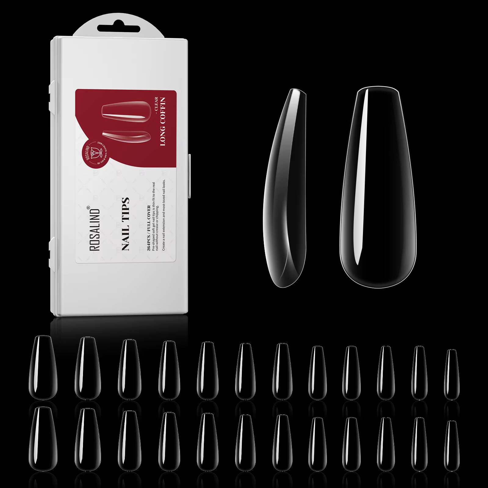 264PCS Half Matte Long Coffin Soft Fake Nail Tips, ROSALIND 12 Size Soft Full Cover False Nail Tips Half Matte Long Coffin Gel N