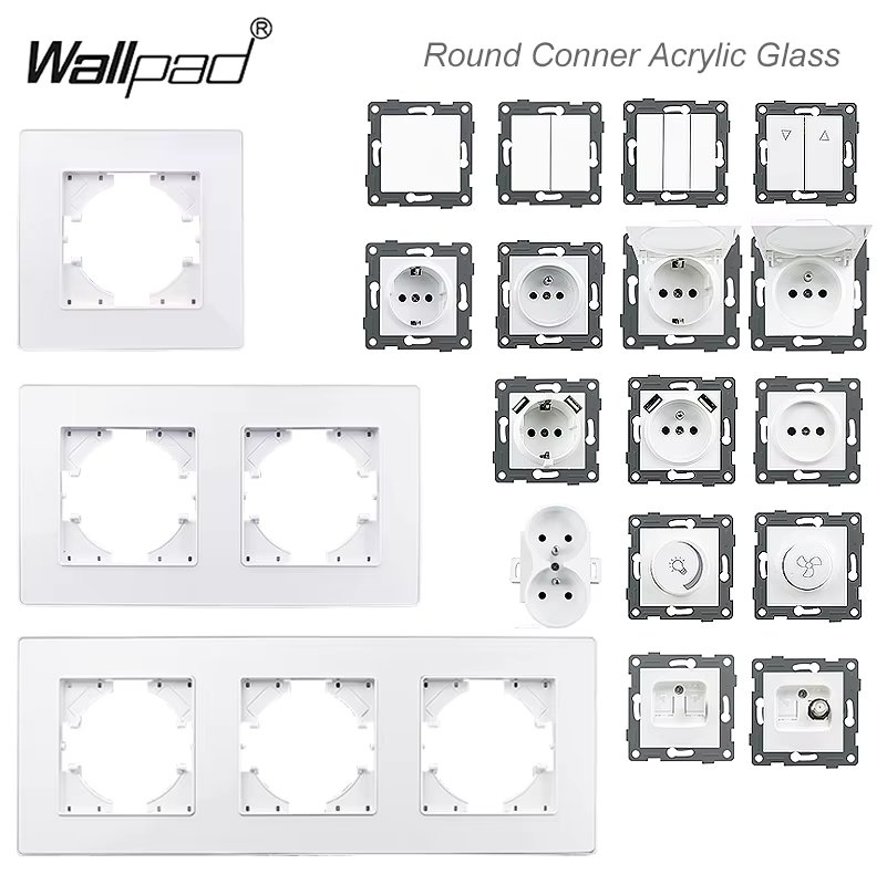DIY Wallpad Round Conner Acrylic Glass Panel EU Light On Off Switch with LED Dimmer EU Usb Type A C Wall Socket TV RJ45 Moduler