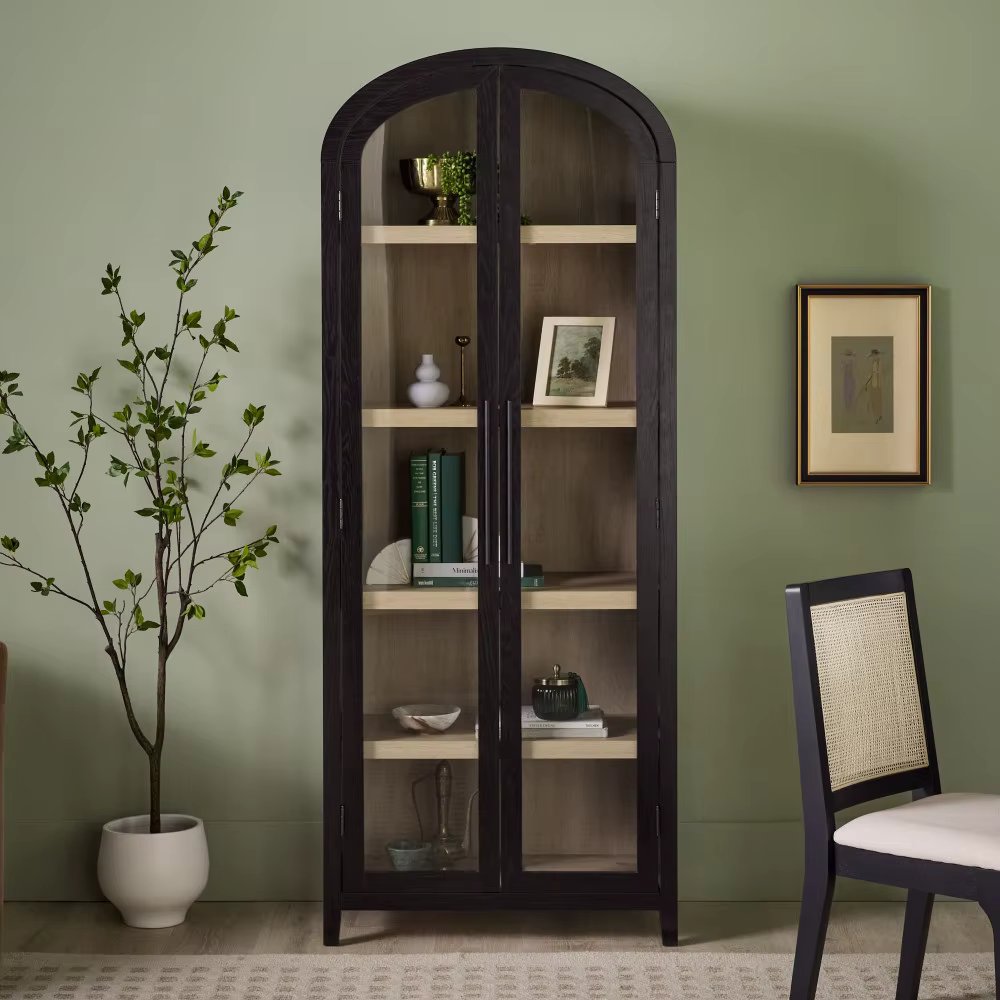 Modern 5 Shelf Arched Tall Bookcase with Glass Doors - Black