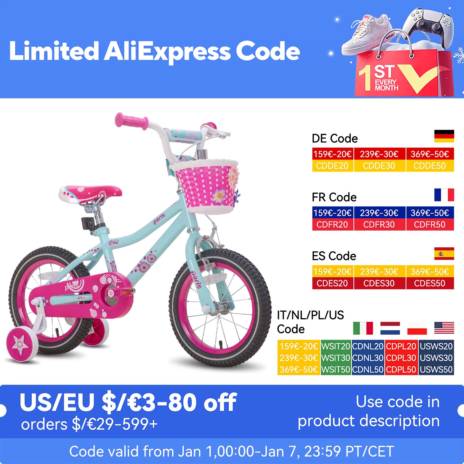 JOYSTAR Kids Bike for 3-9 Years Old kids, 14 16 18 Inch Kids Bike with Training Wheels, Basket,Water Bottle,Handbrake