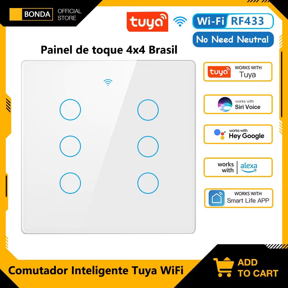 Tuya Wifi Smart Touch Switch Light Brazil 4x4 No Neutral Wire 4/6 Gang RF433 Remote On Off Light Smart Life Alexa Google Home