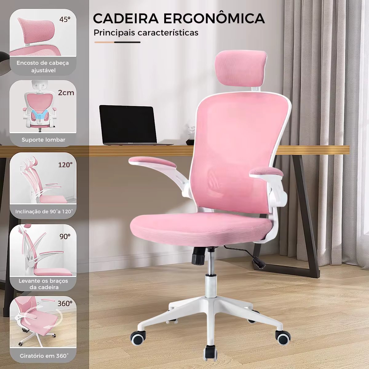 Office Chair, Ergonomic Design with Independent Lumbar Support, Breathable Mesh and Adjustable Headrest (Pink)