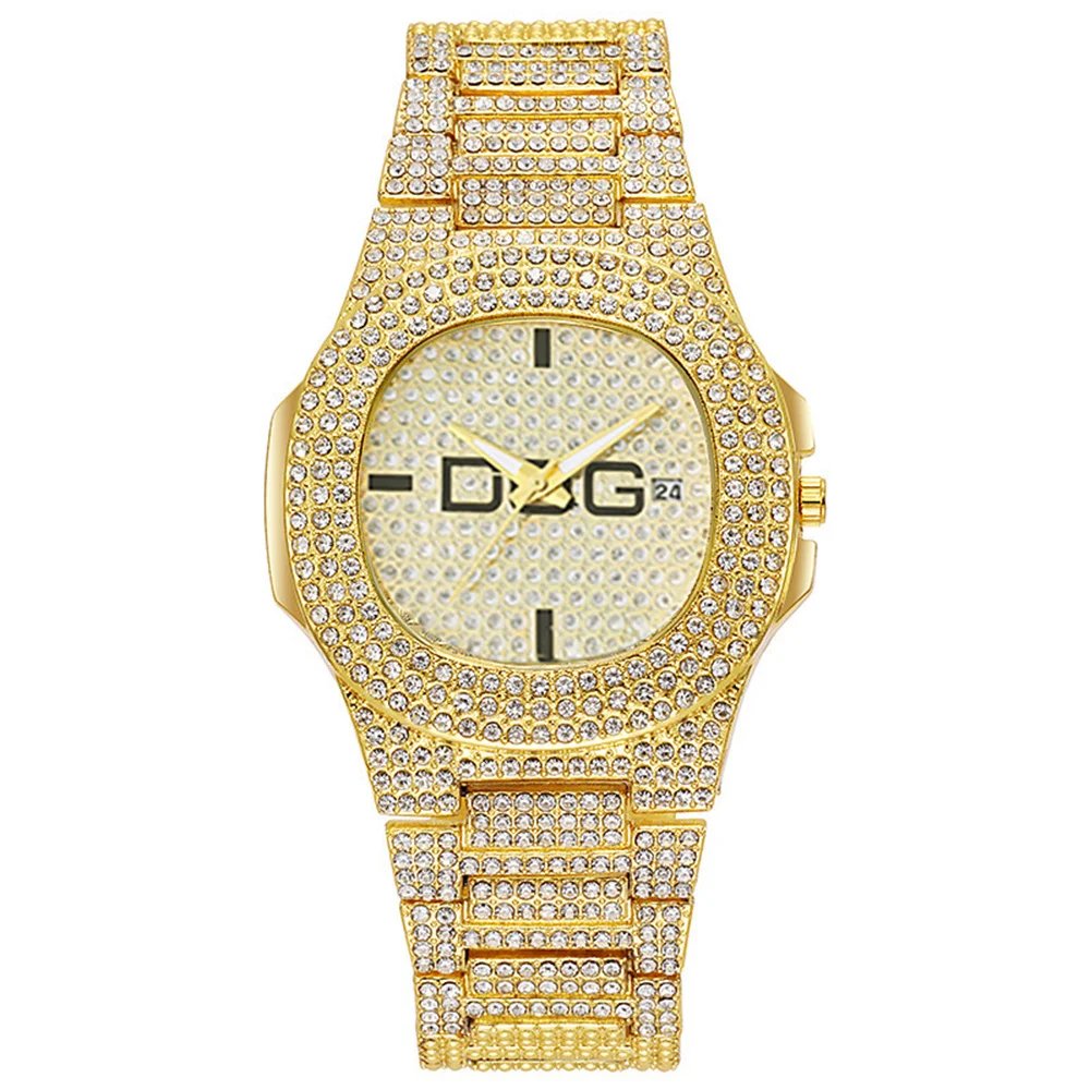 Luxury Gold Men's Watch Square Full Star Diamonds Large Dial Calendar Quartz Watches Stylish Stainless Steel Male Clock