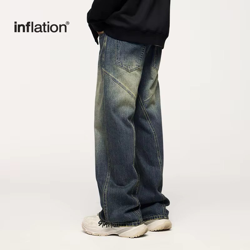 INFLATION Retro Washed Jeans Unisex Stretch Straight Leg Denim Trousers