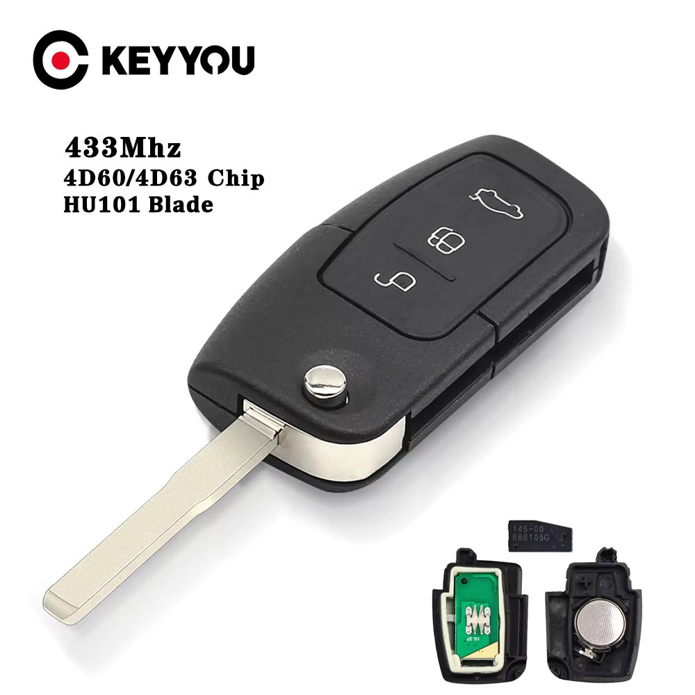 KEYYOU ASK 433MHz 4D63/4D60 Chip Remote Key For Ford Focus 3 Mondeo C Max S Max Galaxy Fiesta HU101 / FO21 Blade Case 3 Buttons