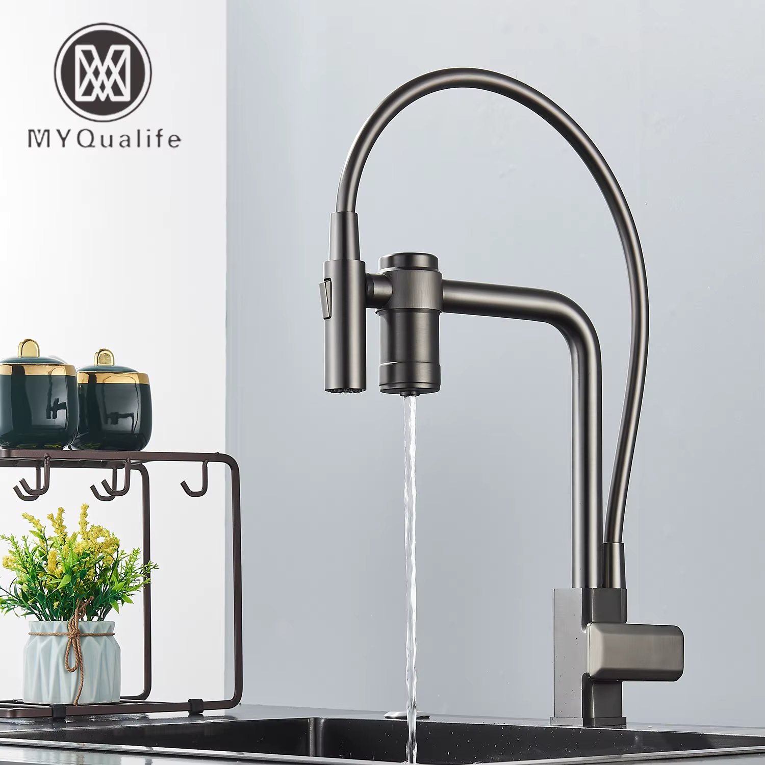 Gun Grey Pure Water Filter Kitchen Faucet Dual Handle Hot and Cold Drinking Water Pull Out Mixer Soft Hose Crane Purification