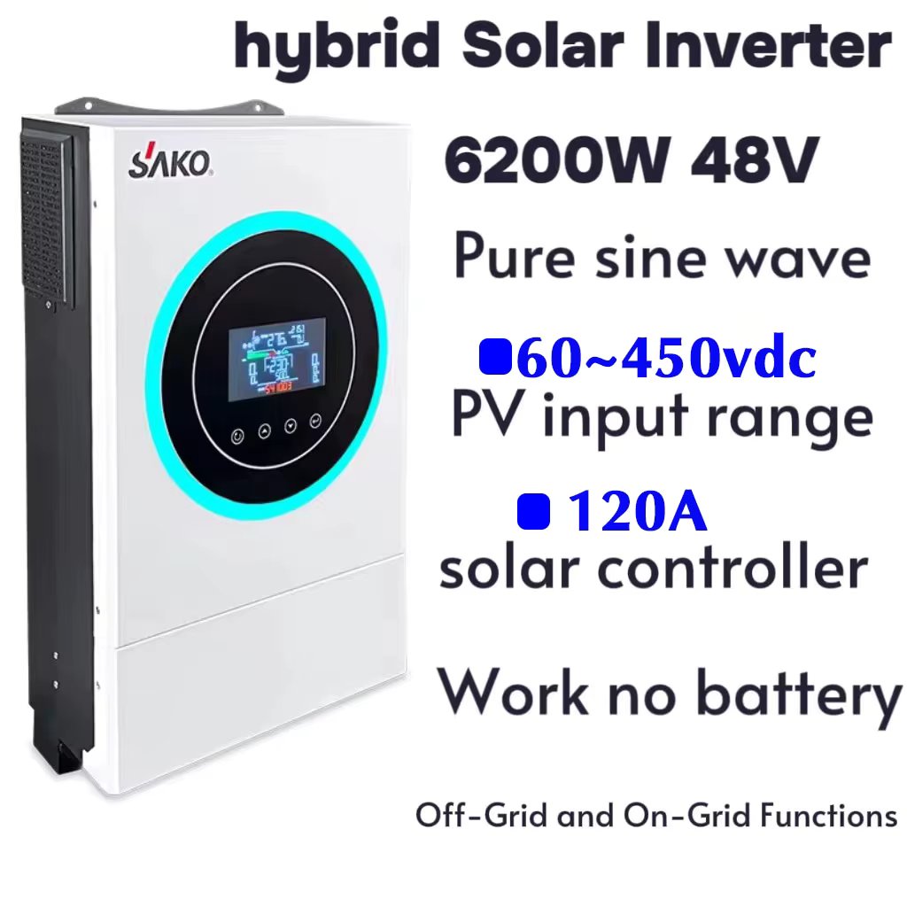 Sako 6.5kva/6.2KW 48V MPPT Solar Hybrid Inverter Built-in120A Charge Controller Pure Sine Wave Output Can Work Without Battery