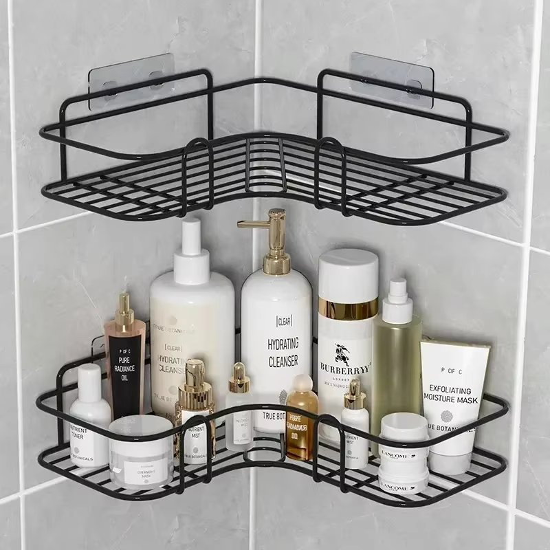 Bathroom Corner Triangle Shelf  Wall Mounted Storage Shelves Shampoo Holder Cosmetic Rack Iron Shower Drain Basket Organizer