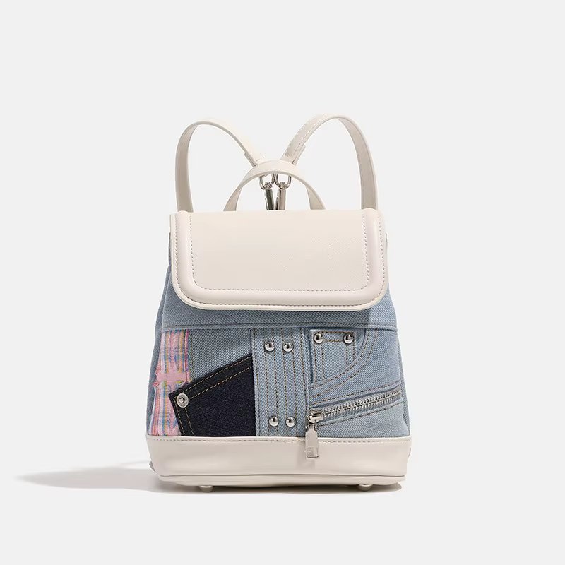 Vintage Denim Colorblocking Backpack for Women