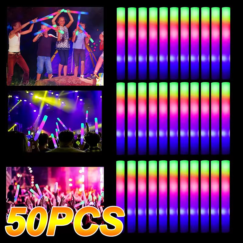50pcs LED Glow Sticks Bulk Colorful RGB Glow Foam Stick for Christmas Birthday Wedding Glow in The Dark Party Supplies