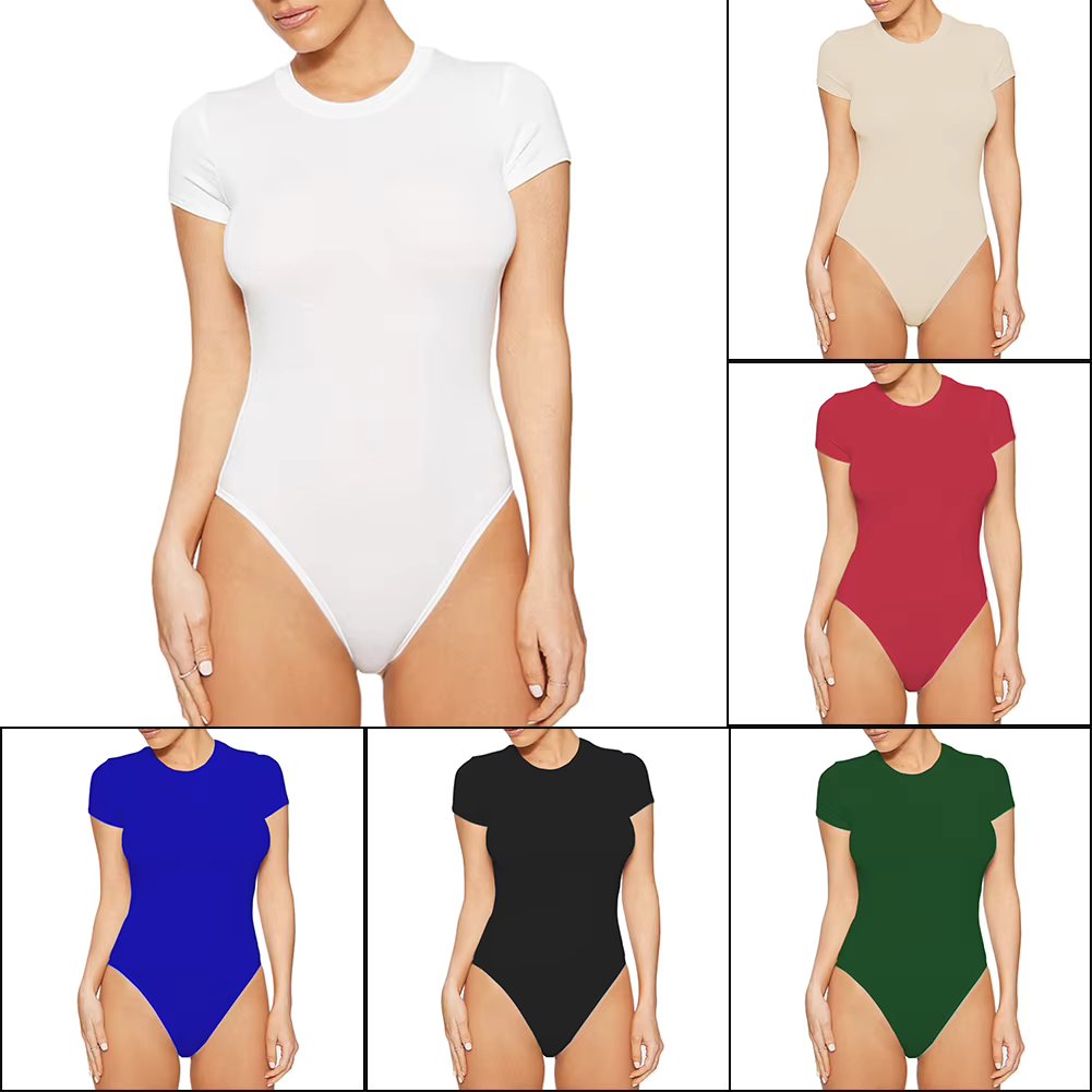 Women's Round Neck Short Sleeve Bodysuit Moisture Wicking Elastic Sports Jumpsuit For Outdoor