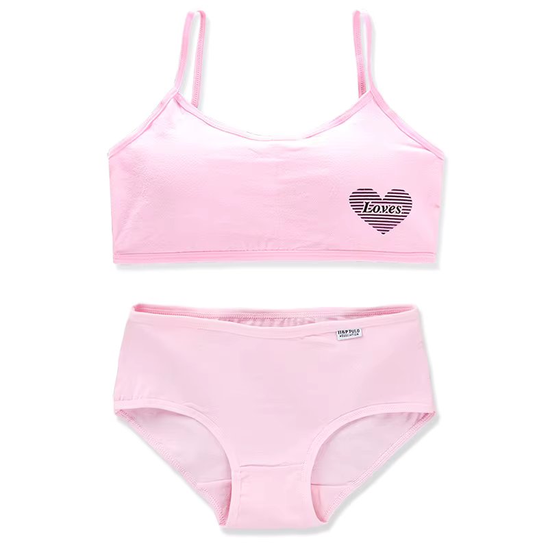 1Set Teenage Girls Training Bras and Panties Loves Printed Kids Cotton Underwear Set Young Children Wireless Bra Briefs Students