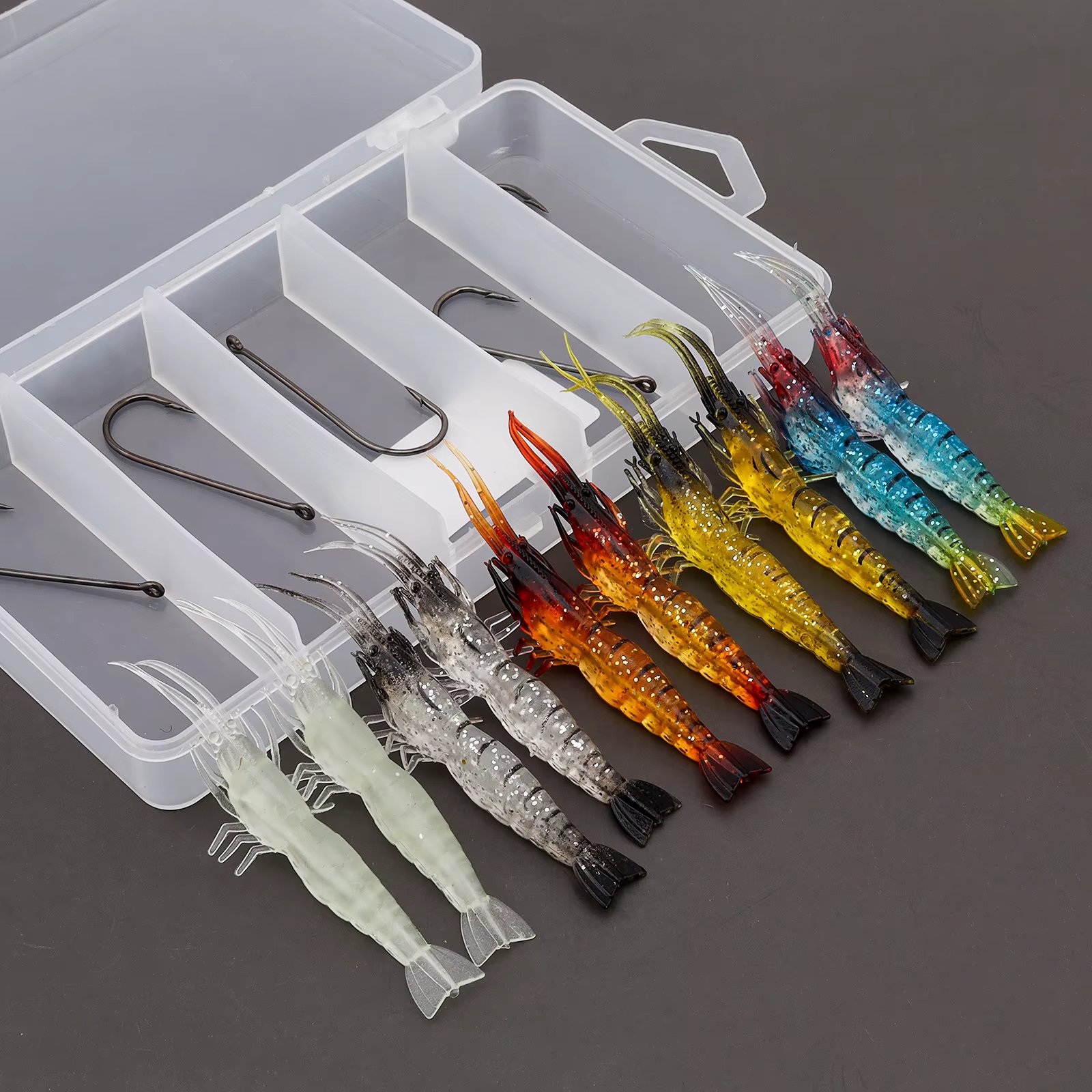 10pcs/set 10cm 4g Silicone Simulation Lifelike Prawn Soft Shrimp Fishing Lure Artificial Bait with 5pcs Hooks