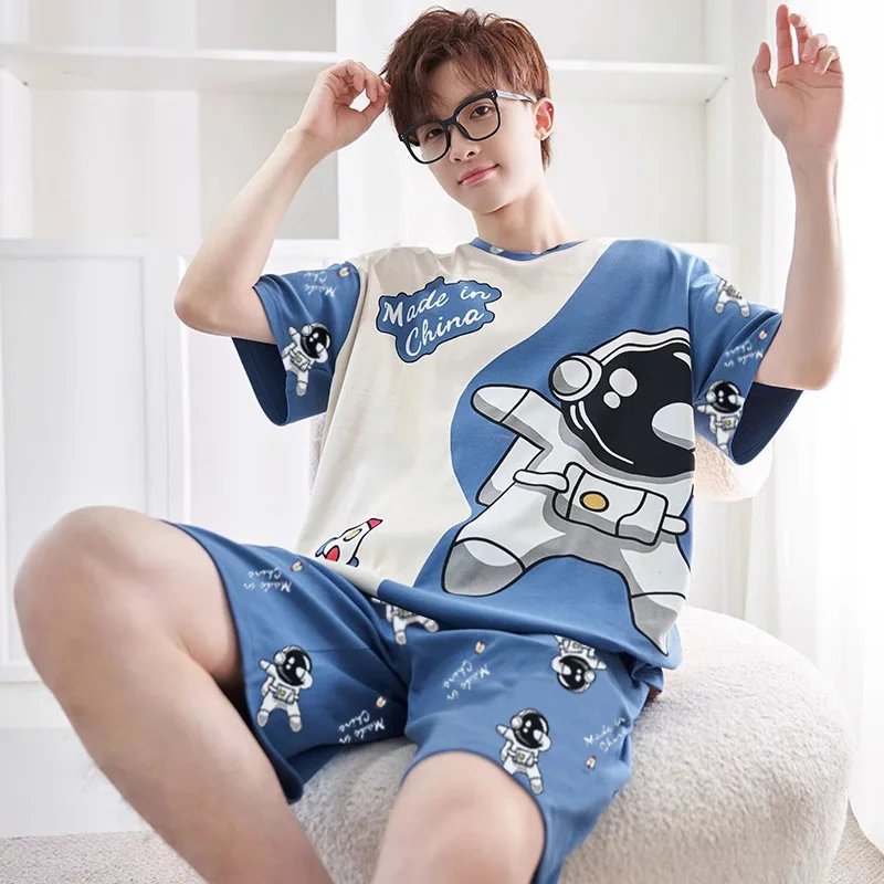 Men Pajamas Short-Sleeved Teenagers Loose Large Size Casual Homewear Grey Plaid Pullover Easy to Clean Cartoon Sleepwear