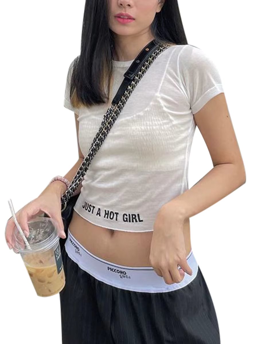 Women T-shirt Short Sleeve Crew Neck Letters Print See-through Summer Ladies Crop Top
