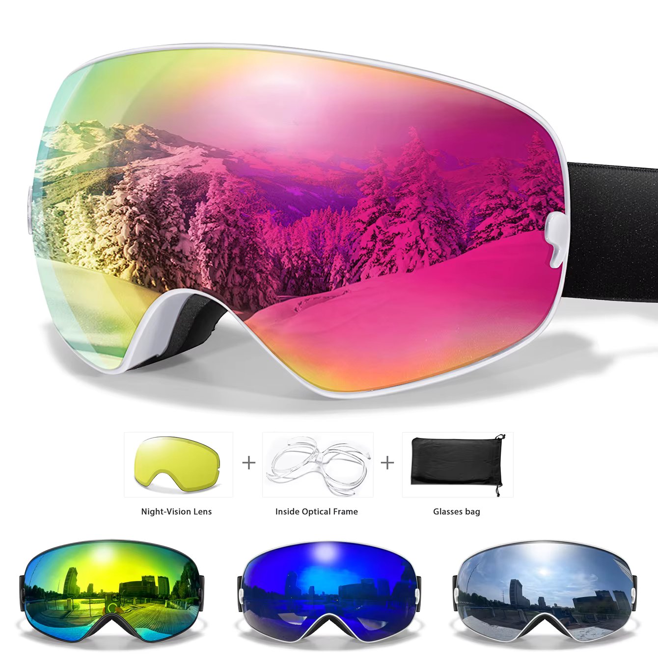 Anti-Fog SKI Goggles Snowboard Goggles UV400 with Night Vison Lens Men Women Teen Best Gift for Christmas and New Year