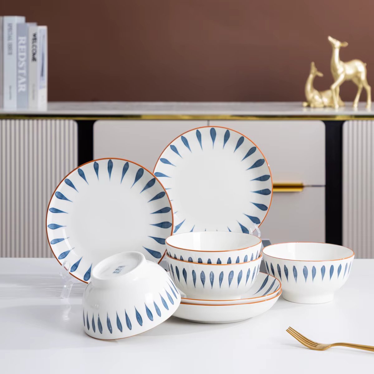 8 Pieces Japanese-Style Ceramic Bowl Set Premium Porcelain Salad Bowl & Shallow Bowl Household Kitchen Dishes Gift