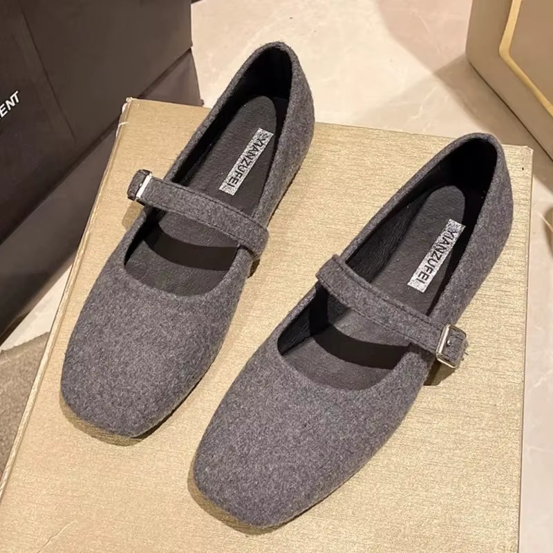 Women's Felt Mary Janes Shoes Square Toe Ballet Flats for Female New Fashion Buckle Strap Ladies Shoes Spring Autumn