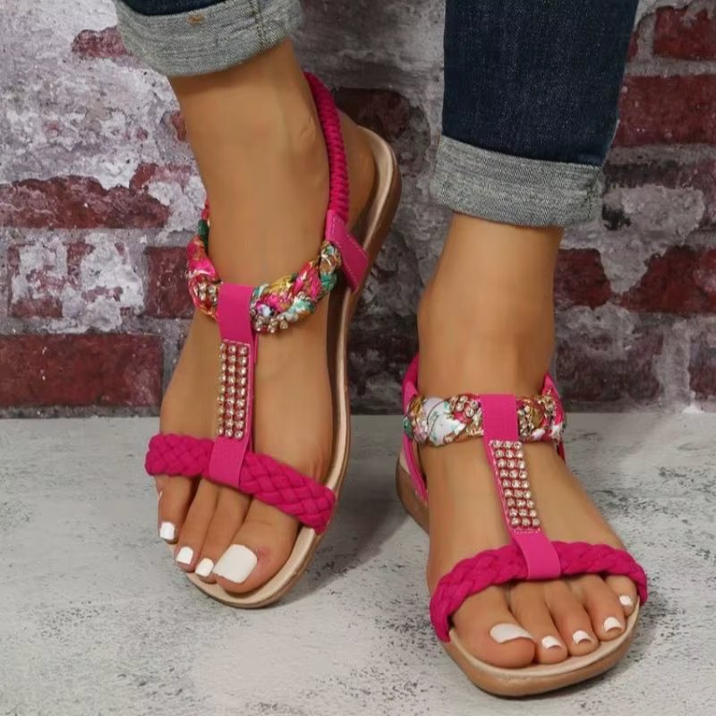 Rimocy Summer Flat Sandals for Women 2023 Rhinestone Elastic Back Strap Gladiator Sandals Woman Comfortable Non Slip Beach Shoes